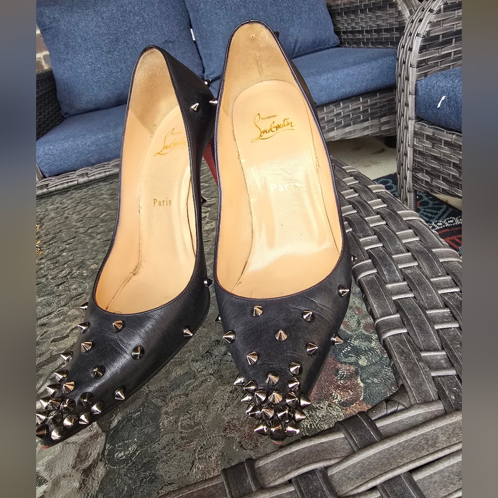 Authentic Christian Louboutin Black Leather Spiked Heels
